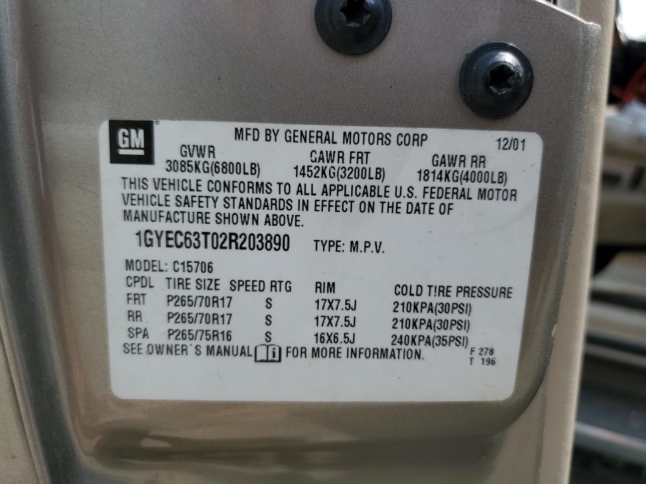 2002 Cadillac Escalade Luxury VIN: 1GYEC63T02R203890 Lot: 86871045