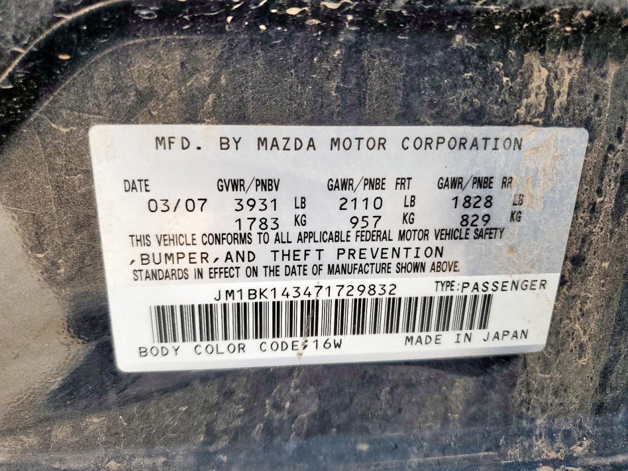 2007 Mazda 3 Hatchback VIN: JM1BK143471729832 Lot: 62760365