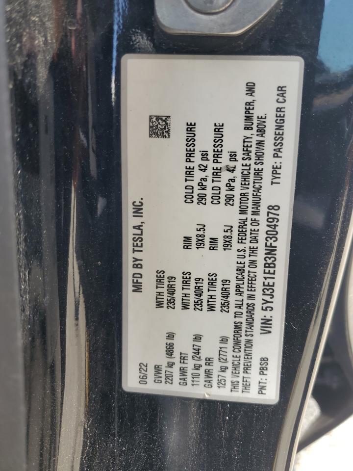 2022 Tesla Model 3 VIN: 5YJ3E1EB3NF304978 Lot: 61532665