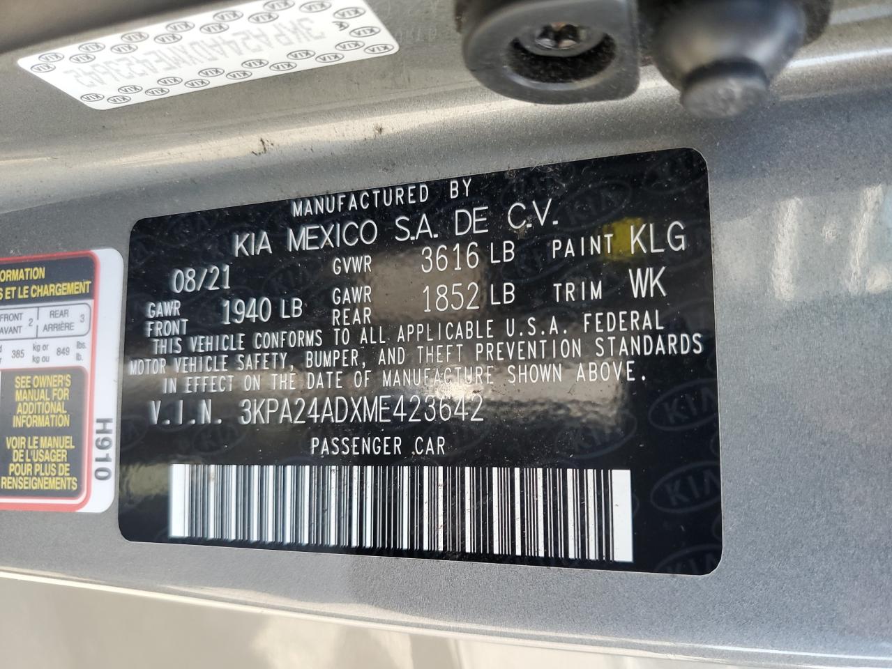 2021 Kia Rio Lx VIN: 3KPA24ADXME423642 Lot: 62222435