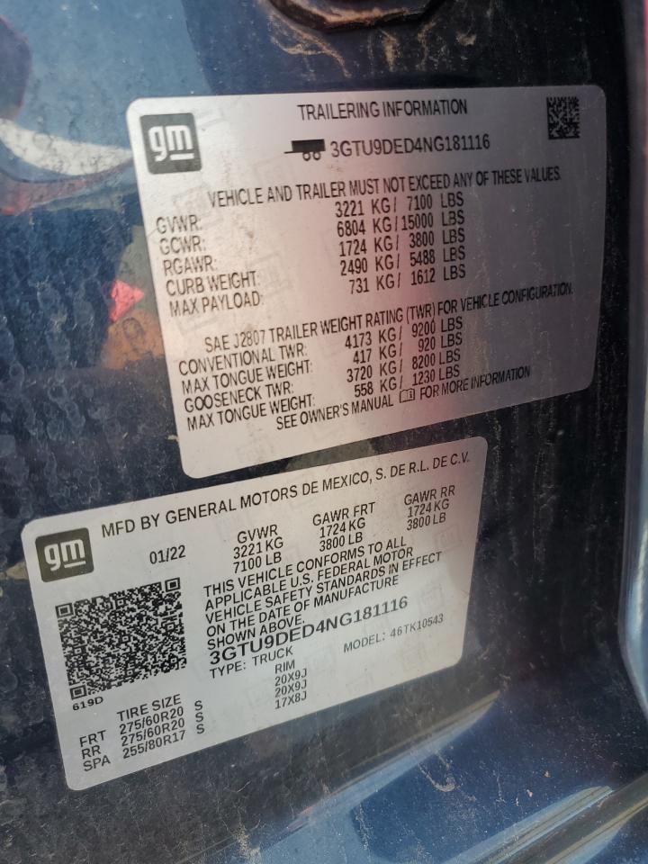 2022 GMC Sierra Limited K1500 Slt VIN: 3GTU9DED4NG181116 Lot: 61812085