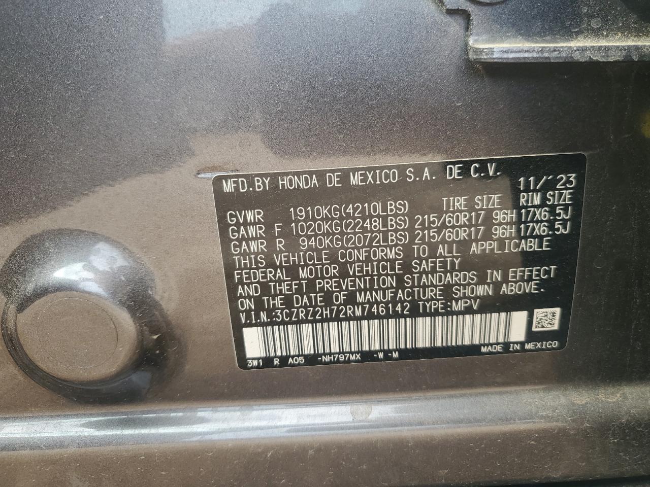 2024 Honda Hr-V Exl VIN: 3CZRZ2H72RM746142 Lot: 59105515