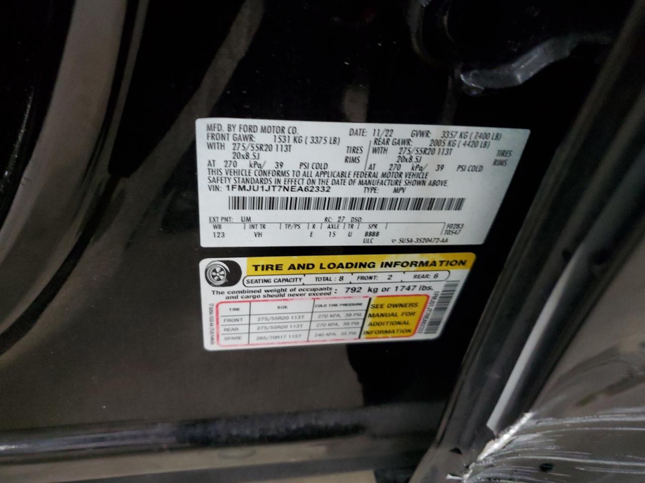 2022 Ford Expedition Xlt VIN: 1FMJU1JT7NEA62332 Lot: 61977355