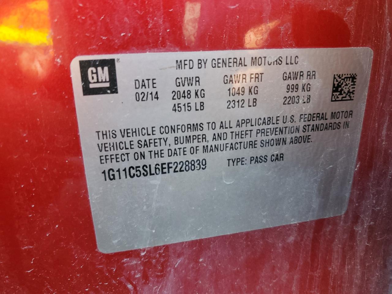 2014 Chevrolet Malibu 1Lt VIN: 1G11C5SL6EF228839 Lot: 61995435