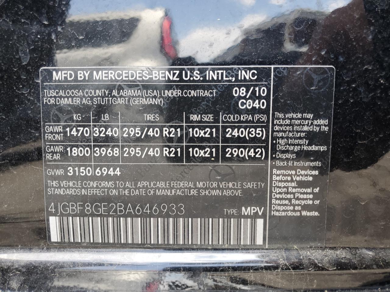 2011 Mercedes-Benz Gl 550 4Matic VIN: 4JGBF8GE2BA646933 Lot: 62670905