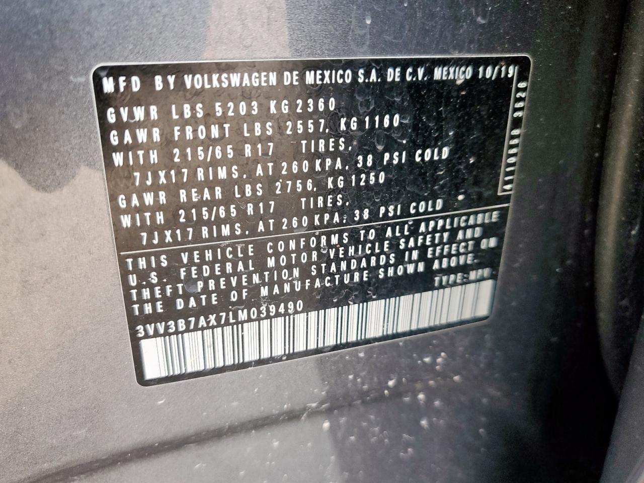 2020 Volkswagen Tiguan Se VIN: 3VV3B7AX7LM039490 Lot: 62946485