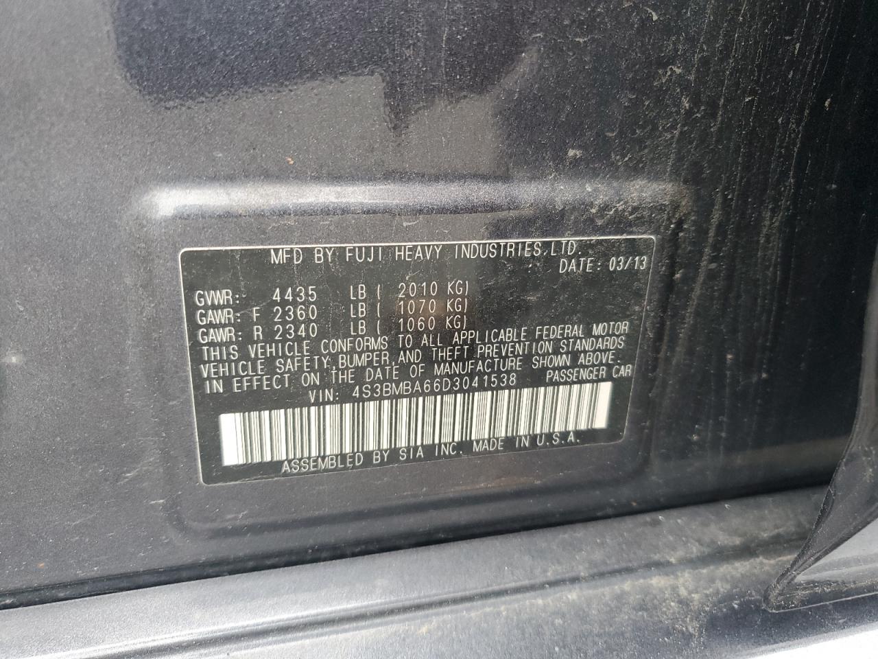 2013 Subaru Legacy 2.5I VIN: 4S3BMBA66D3041538 Lot: 62913885