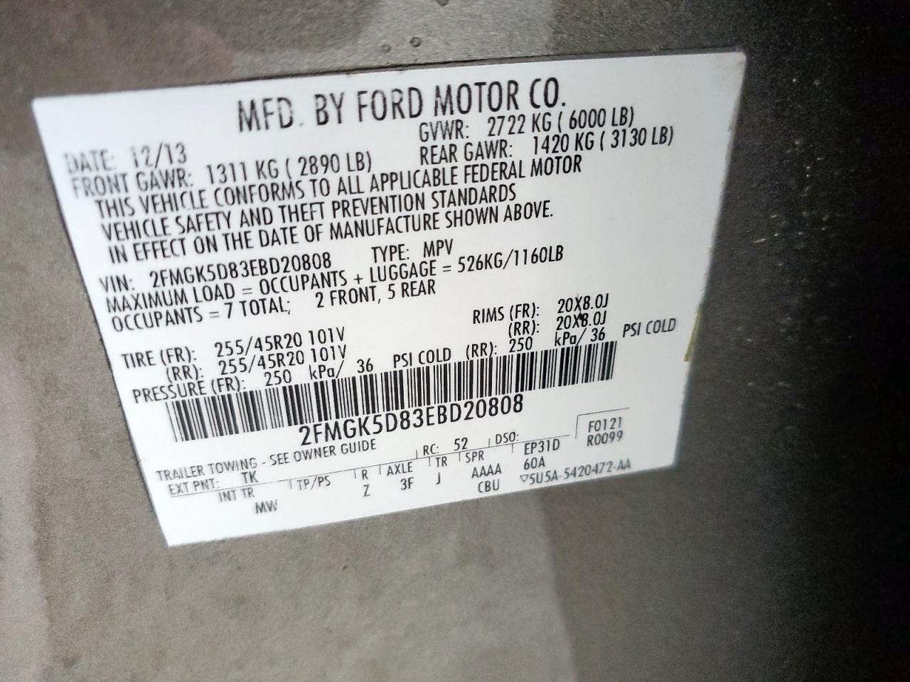 2014 Ford Flex Limited VIN: 2FMGK5D83EBD20808 Lot: 60743045