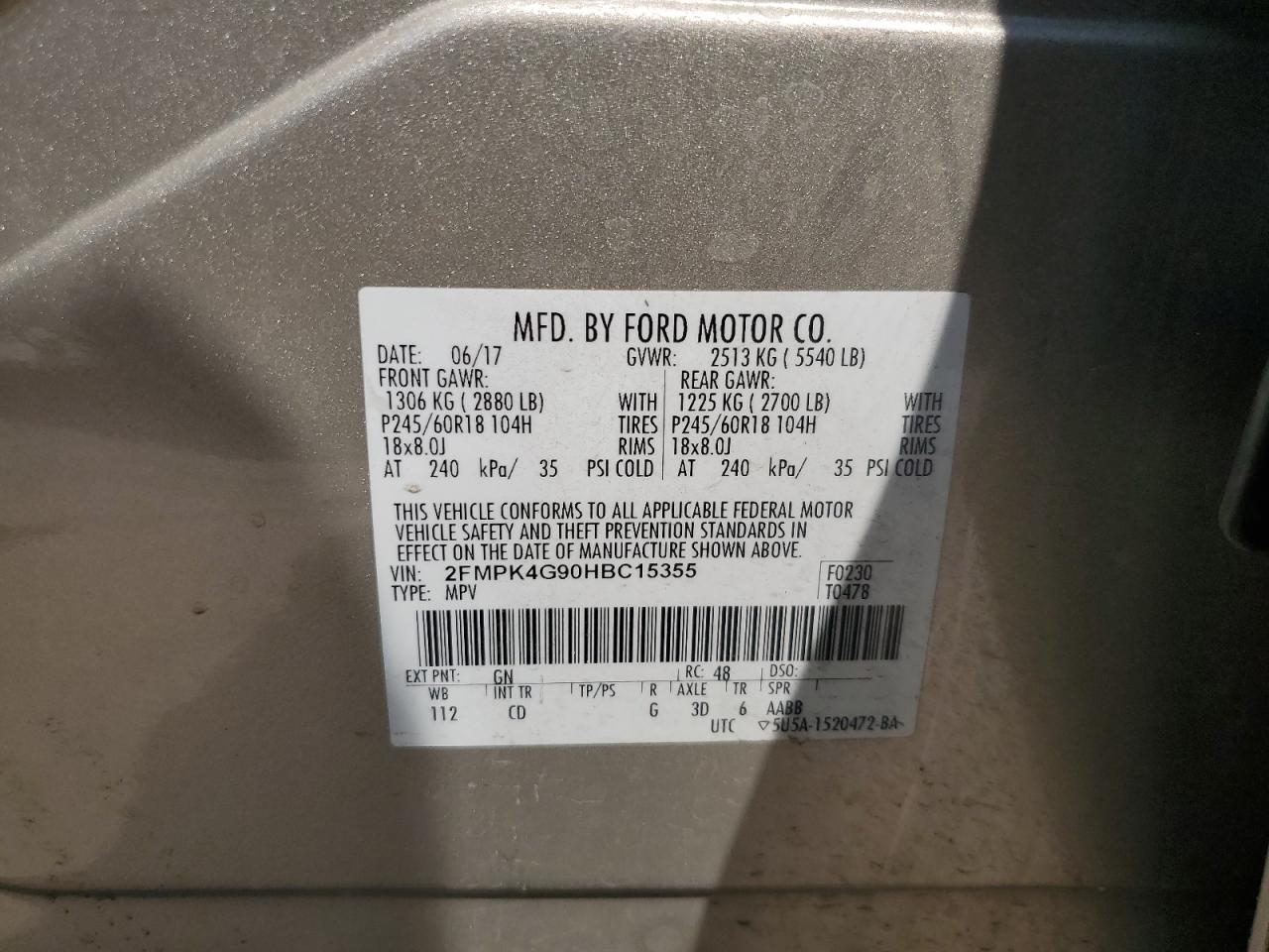 2017 Ford Edge Se VIN: 2FMPK4G90HBC15355 Lot: 60080795