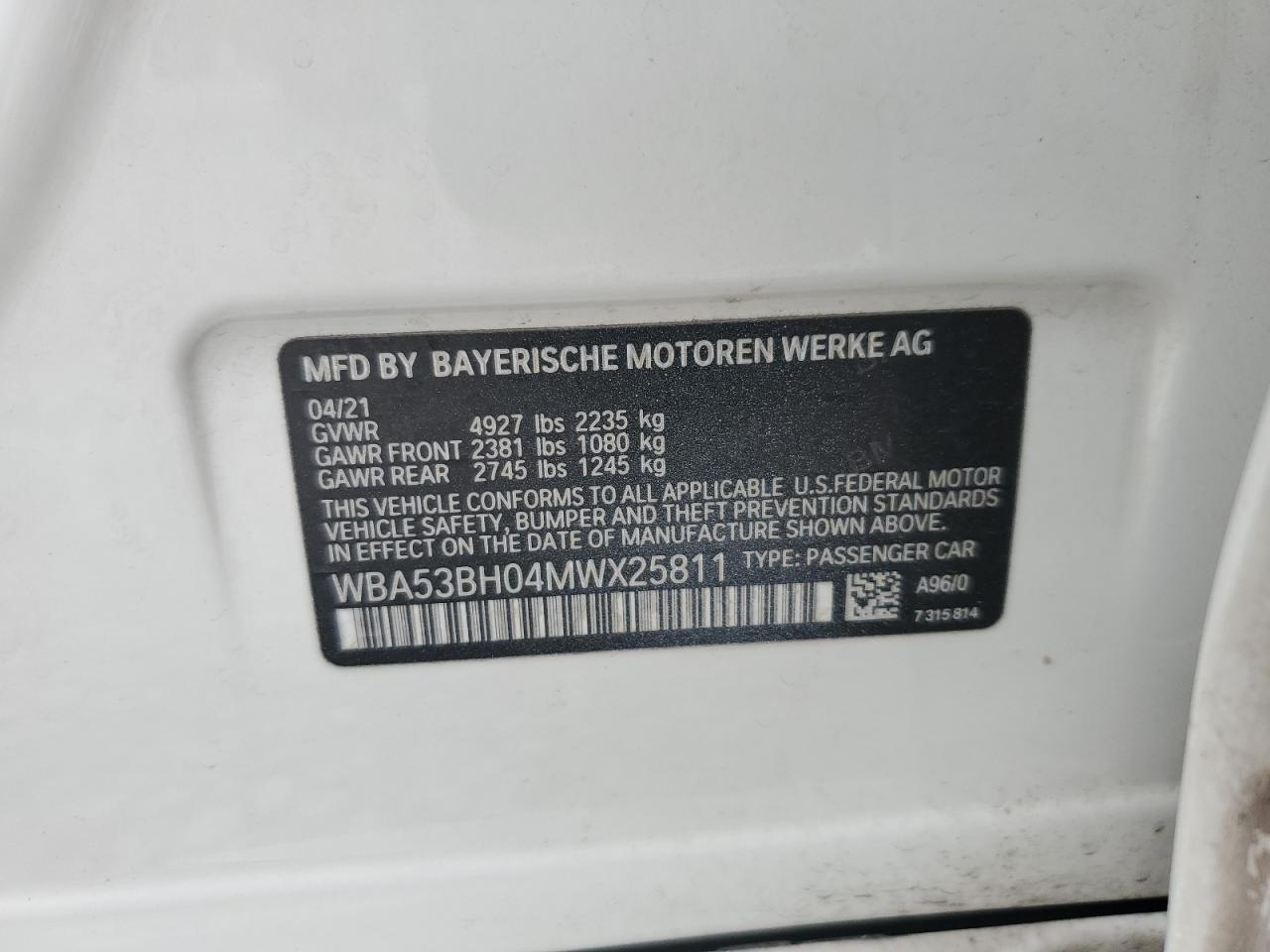 2021 BMW 530 I VIN: WBA53BH04MWX25811 Lot: 62228525