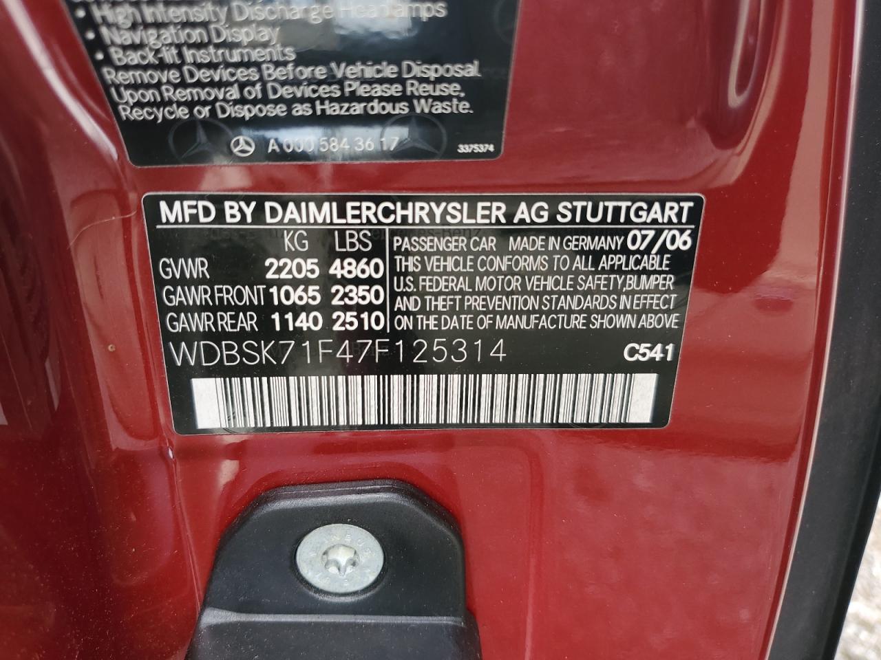2007 Mercedes-Benz Sl 550 VIN: WDBSK71F47F125314 Lot: 60307285