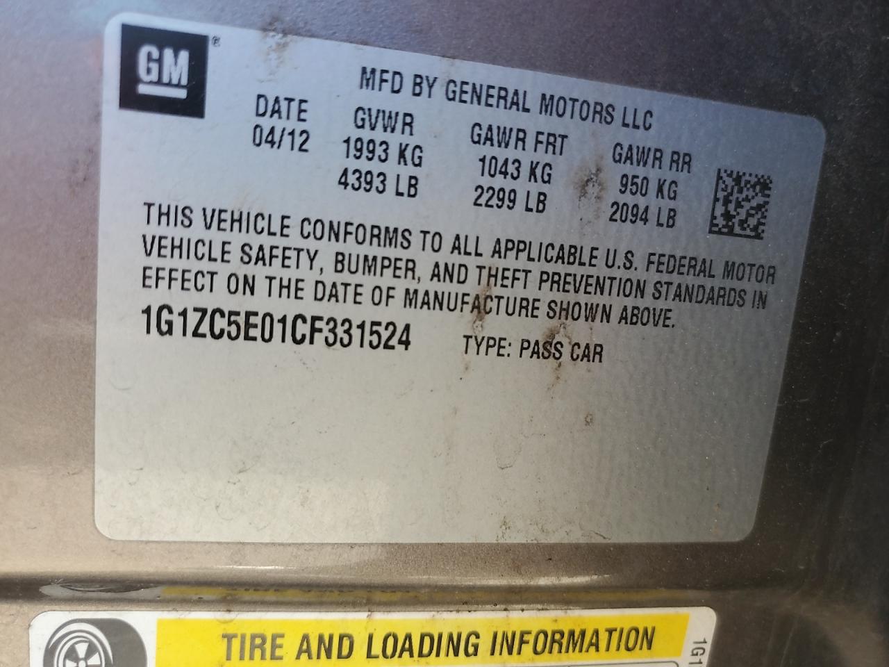 2012 Chevrolet Malibu 1Lt VIN: 1G1ZC5E01CF331524 Lot: 62743525