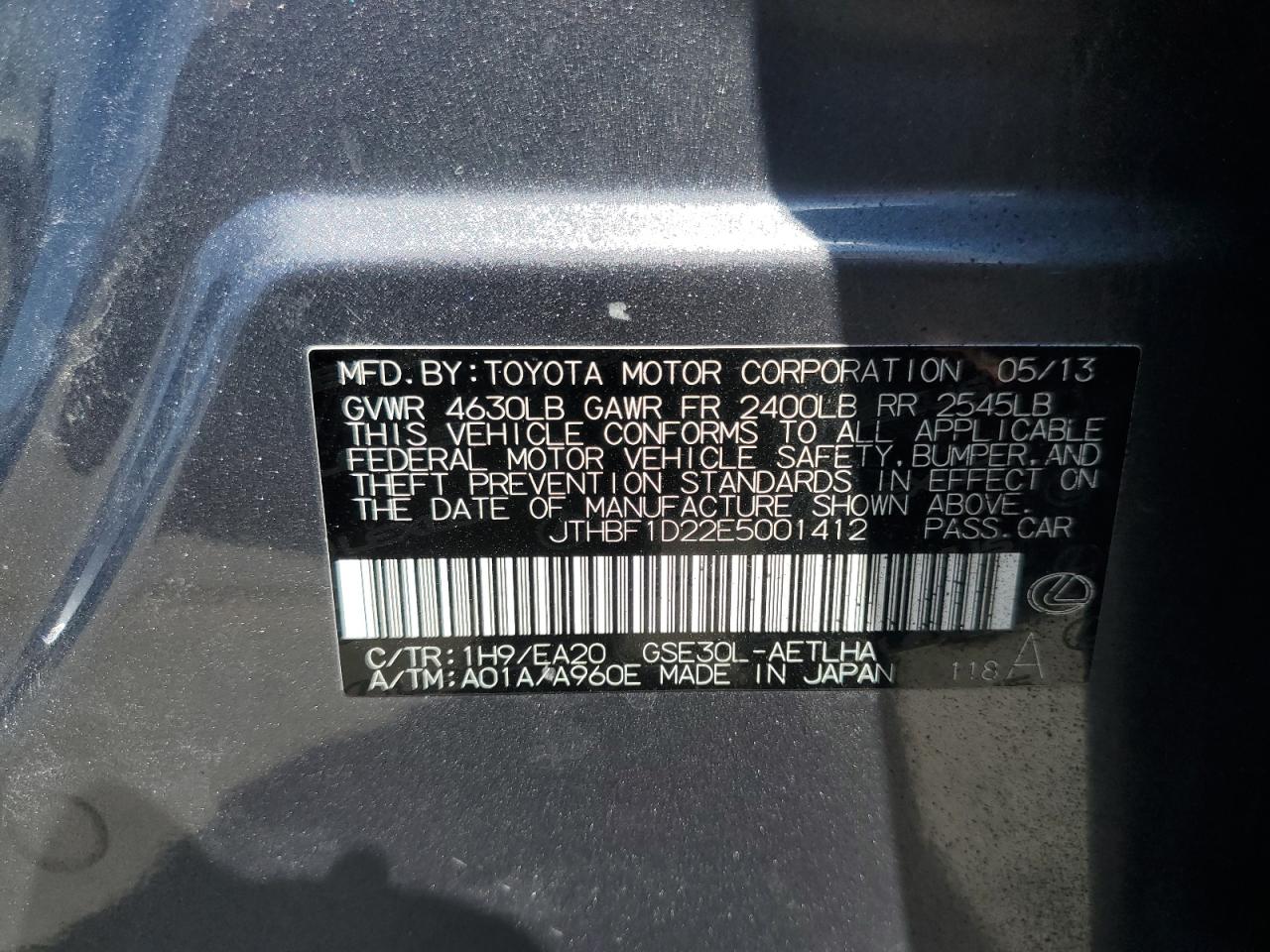 2014 Lexus Is 250 VIN: JTHBF1D22E5001412 Lot: 61994155