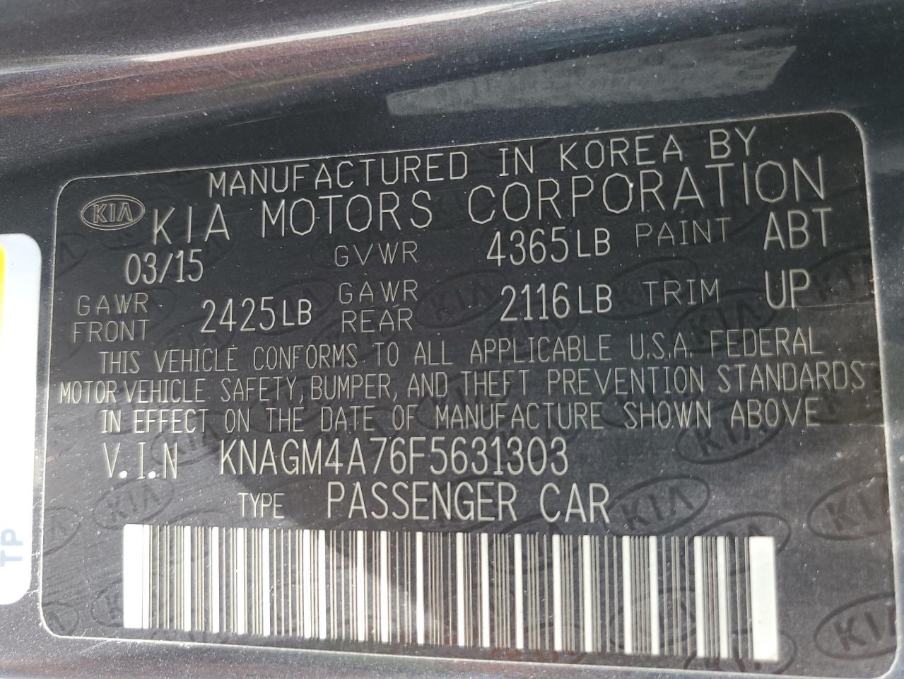 KIA OPTIMA 2015 VIN KNAGM4A76F5631303 zdjęcie 13