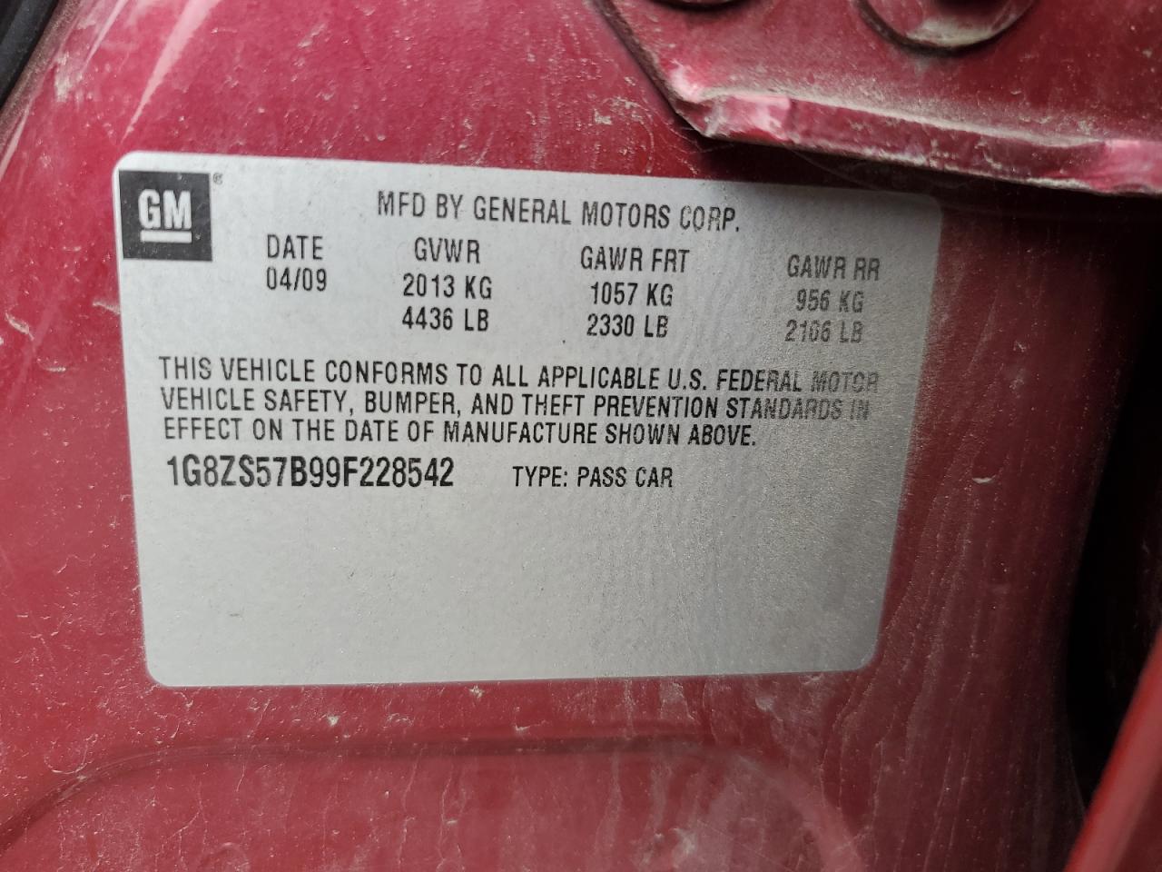 2009 Saturn Aura Xe VIN: 1G8ZS57B99F228542 Lot: 62999135