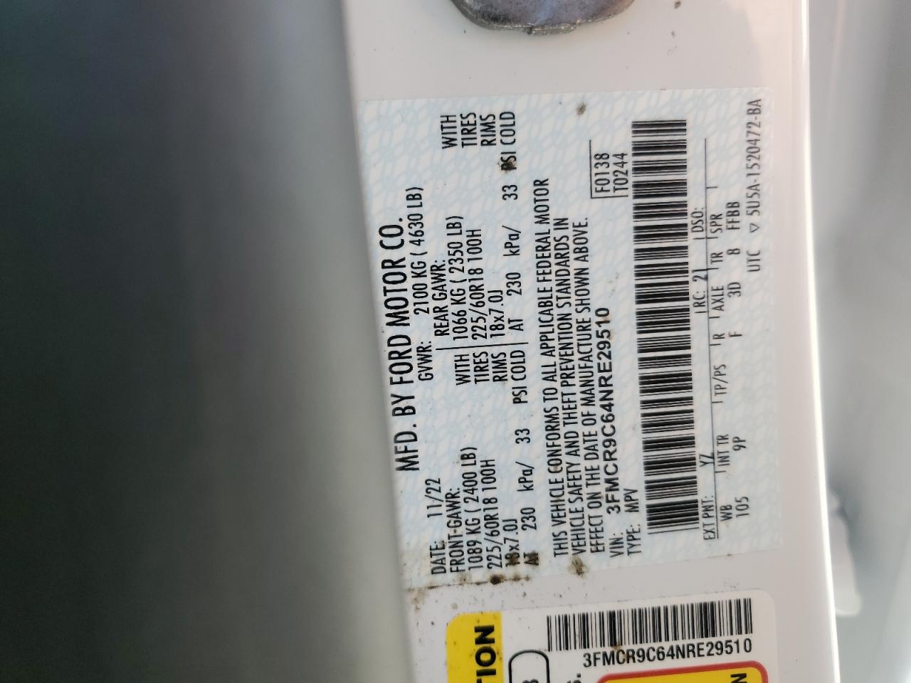 2022 Ford Bronco Sport Outer Banks VIN: 3FMCR9C64NRE29510 Lot: 59533345