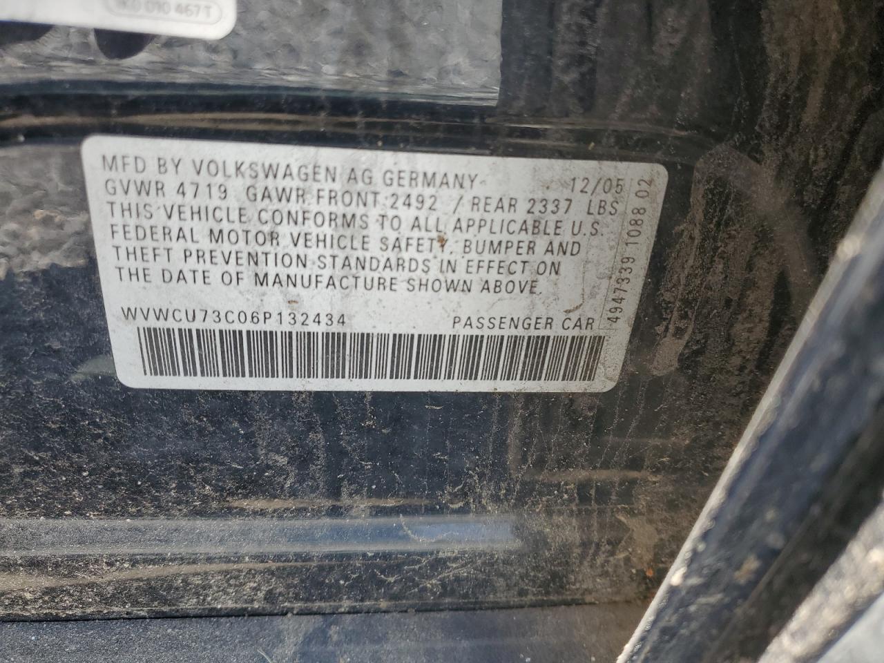 2006 Volkswagen Passat 3.6L Sport VIN: WVWCU73C06P132434 Lot: 60893035
