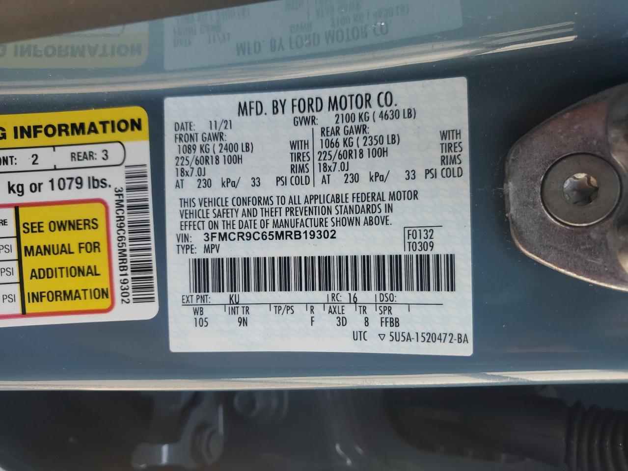 2021 Ford Bronco Sport Outer Banks VIN: 3FMCR9C65MRB19302 Lot: 59592495