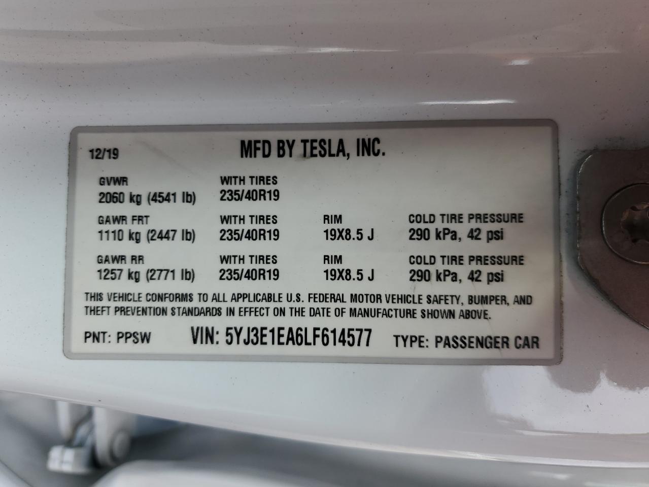 2020 Tesla Model 3 VIN: 5YJ3E1EA6LF614577 Lot: 59564905