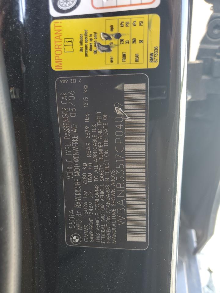 2007 BMW 550 I VIN: WBANB53517CP04069 Lot: 62951465