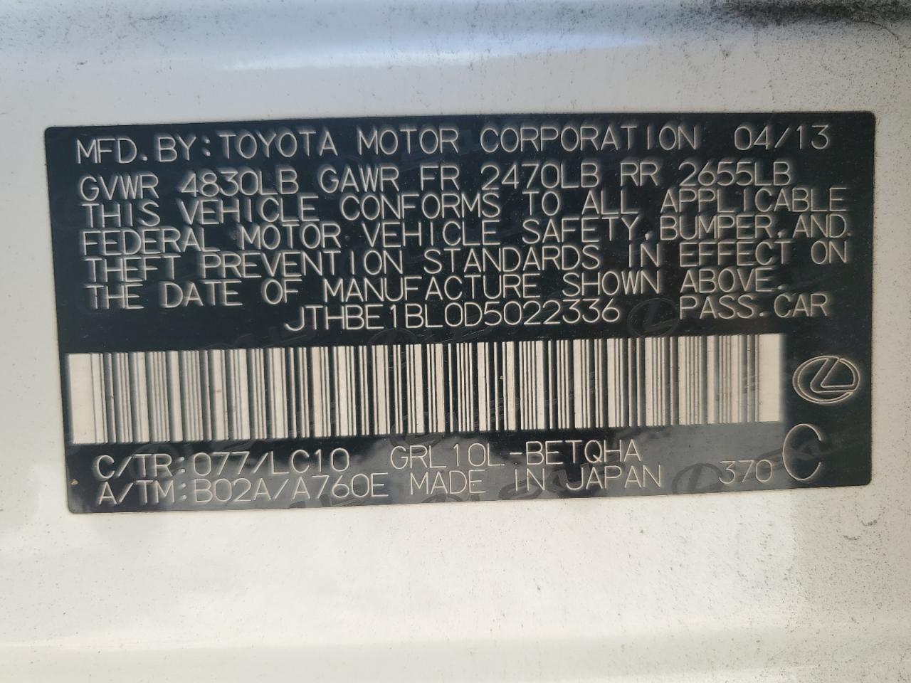 2013 Lexus Gs 350 VIN: JTHBE1BL0D5022336 Lot: 61643995