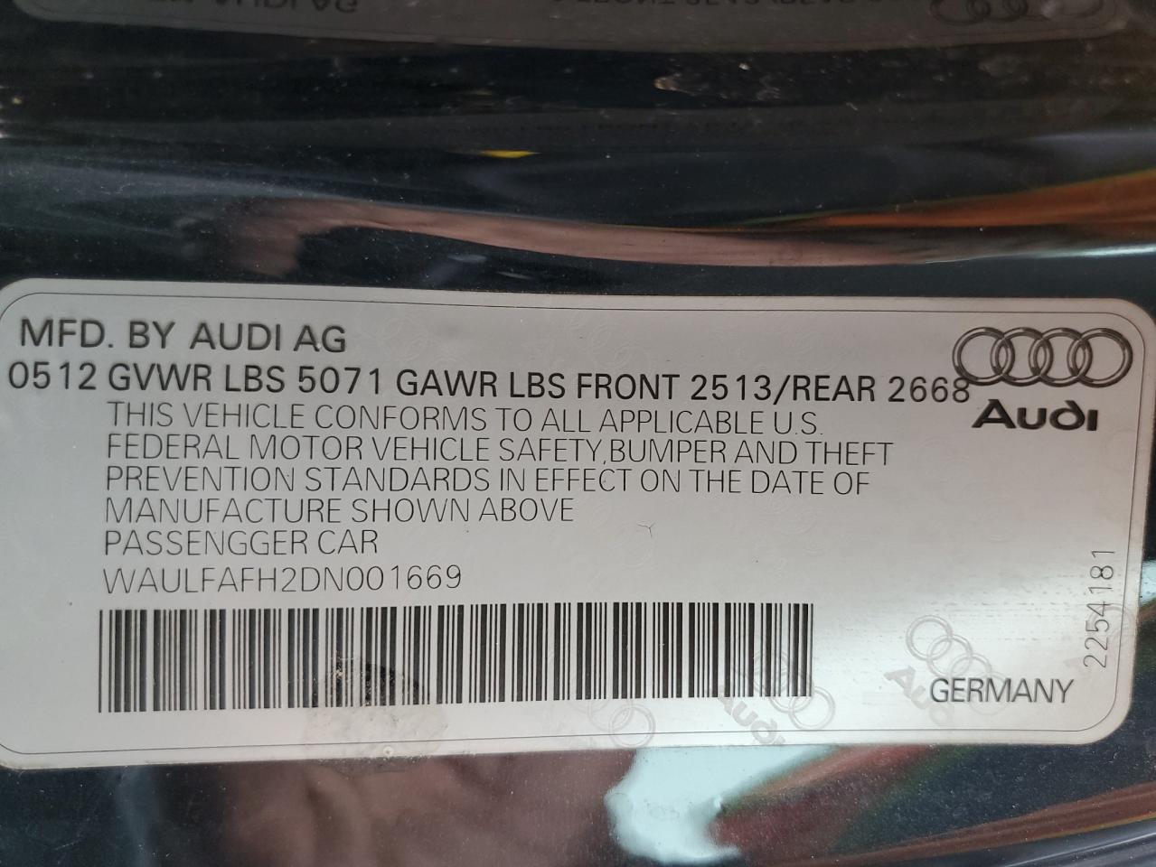 2013 Audi A5 Premium Plus VIN: WAULFAFH2DN001669 Lot: 63005935