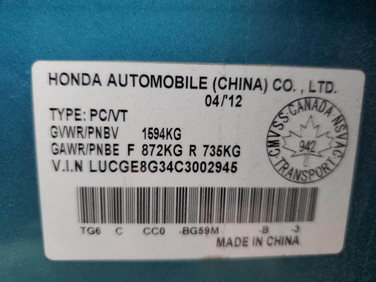 2012 Honda Fit Dx-A VIN: LUCGE8G34C3002945 Lot: 60703125