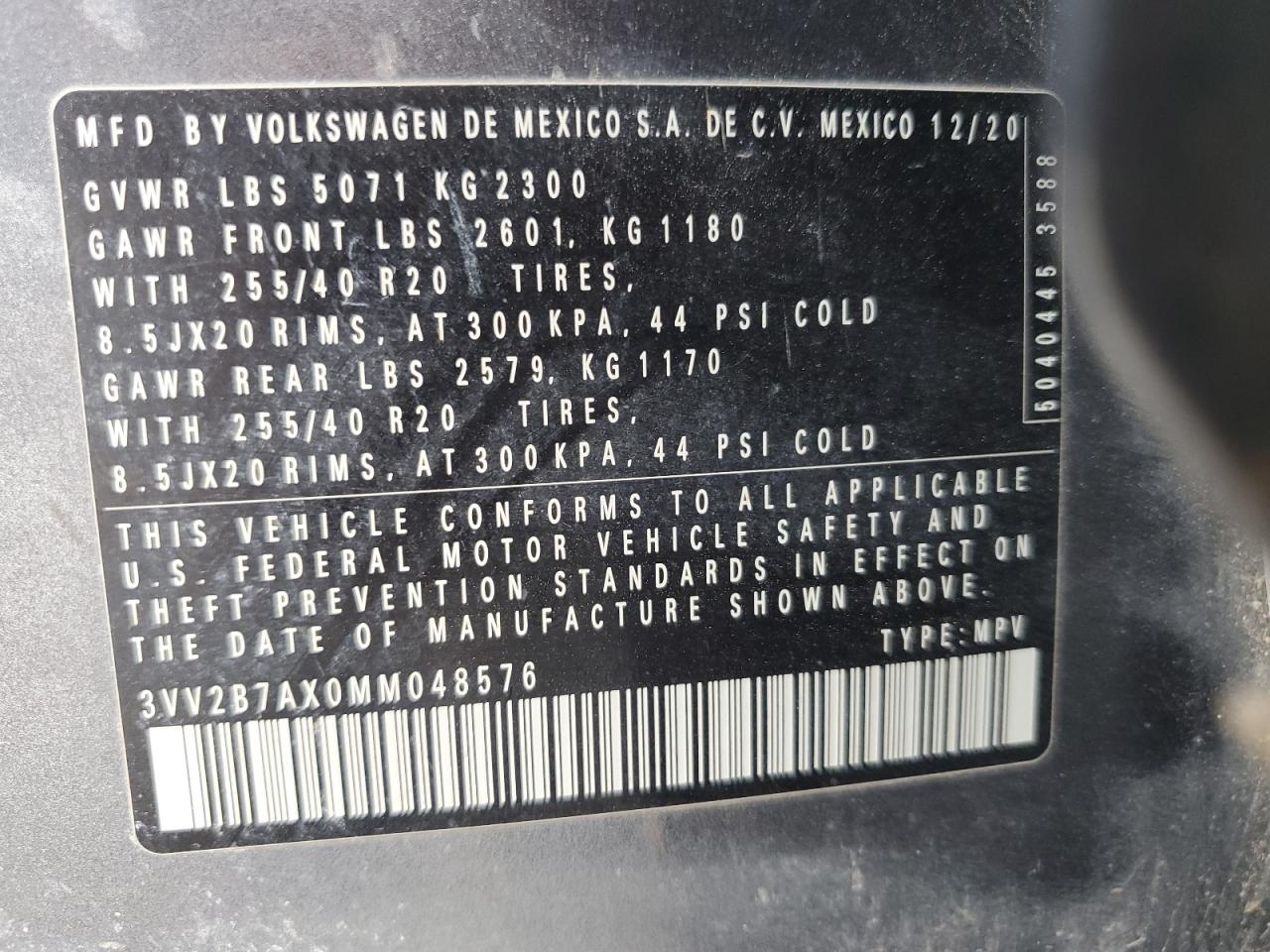 2021 Volkswagen Tiguan Se VIN: 3VV2B7AX0MM048576 Lot: 61923265