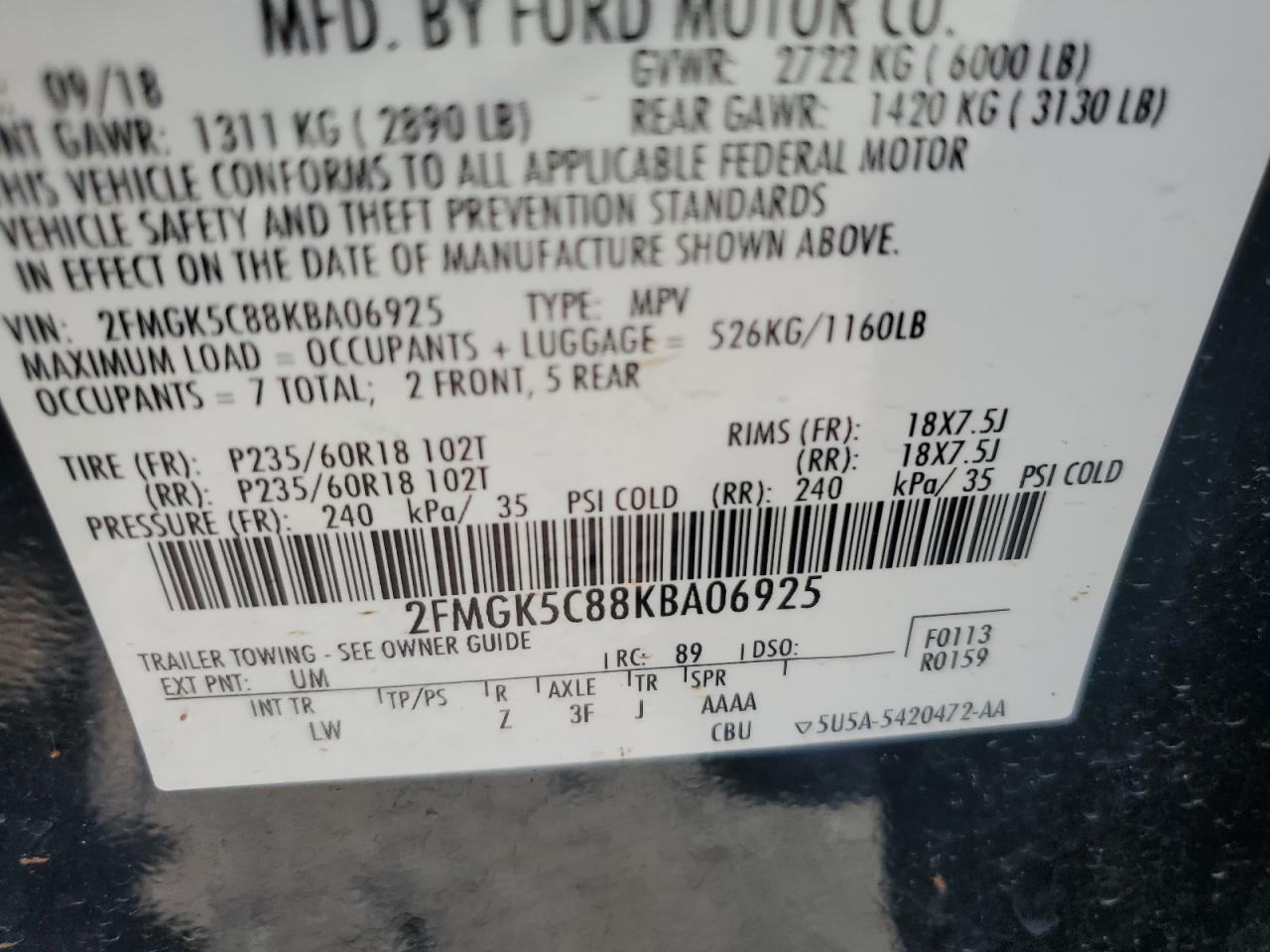 2019 Ford Flex Sel VIN: 2FMGK5C88KBA06925 Lot: 61844065