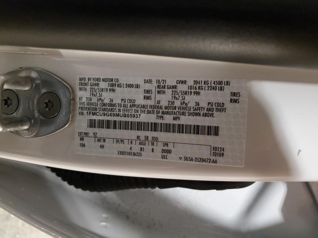 2021 Ford Escape Se VIN: 1FMCU9G69MUB05937 Lot: 60805015