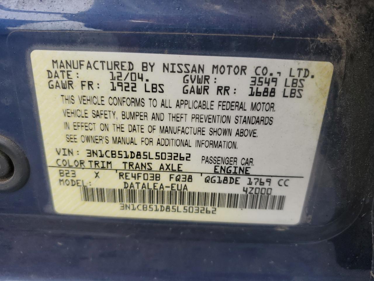 2005 Nissan Sentra 1.8 VIN: 3N1CB51D85L503262 Lot: 60784065