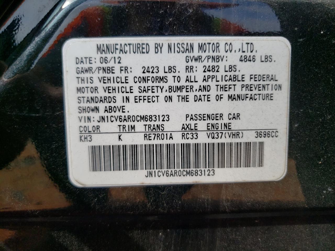 2012 Infiniti G37 VIN: JN1CV6AR0CM683123 Lot: 61236955