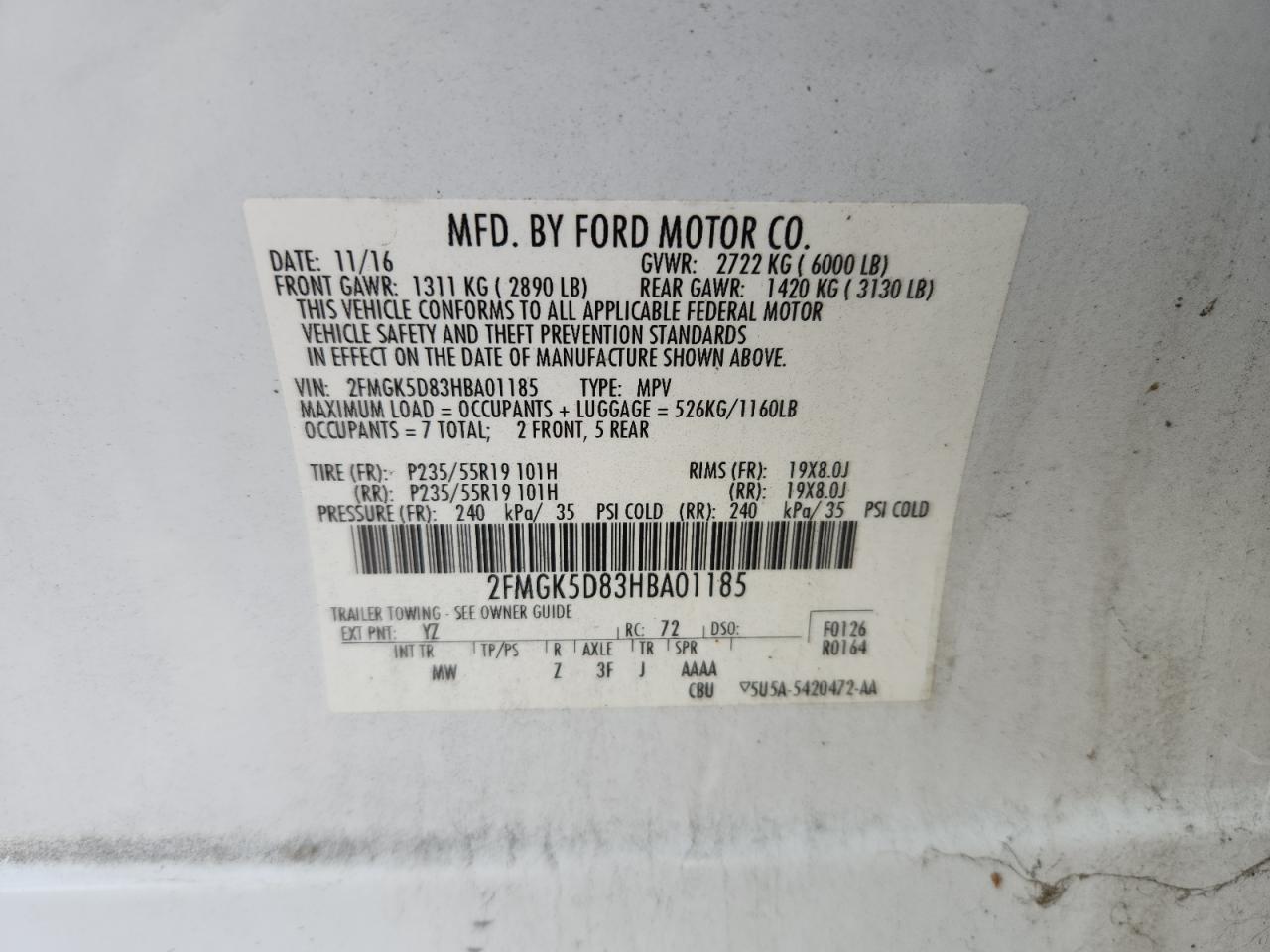 2017 Ford Flex Limited VIN: 2FMGK5D83HBA01185 Lot: 59954115