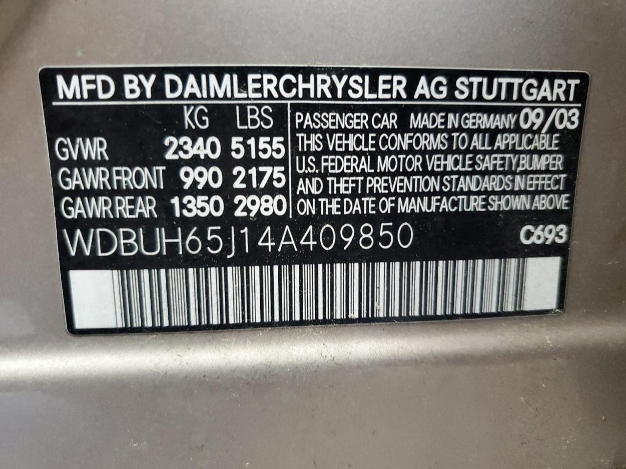 2004 Mercedes-Benz E 320 VIN: WDBUH65J14A409850 Lot: 61004355