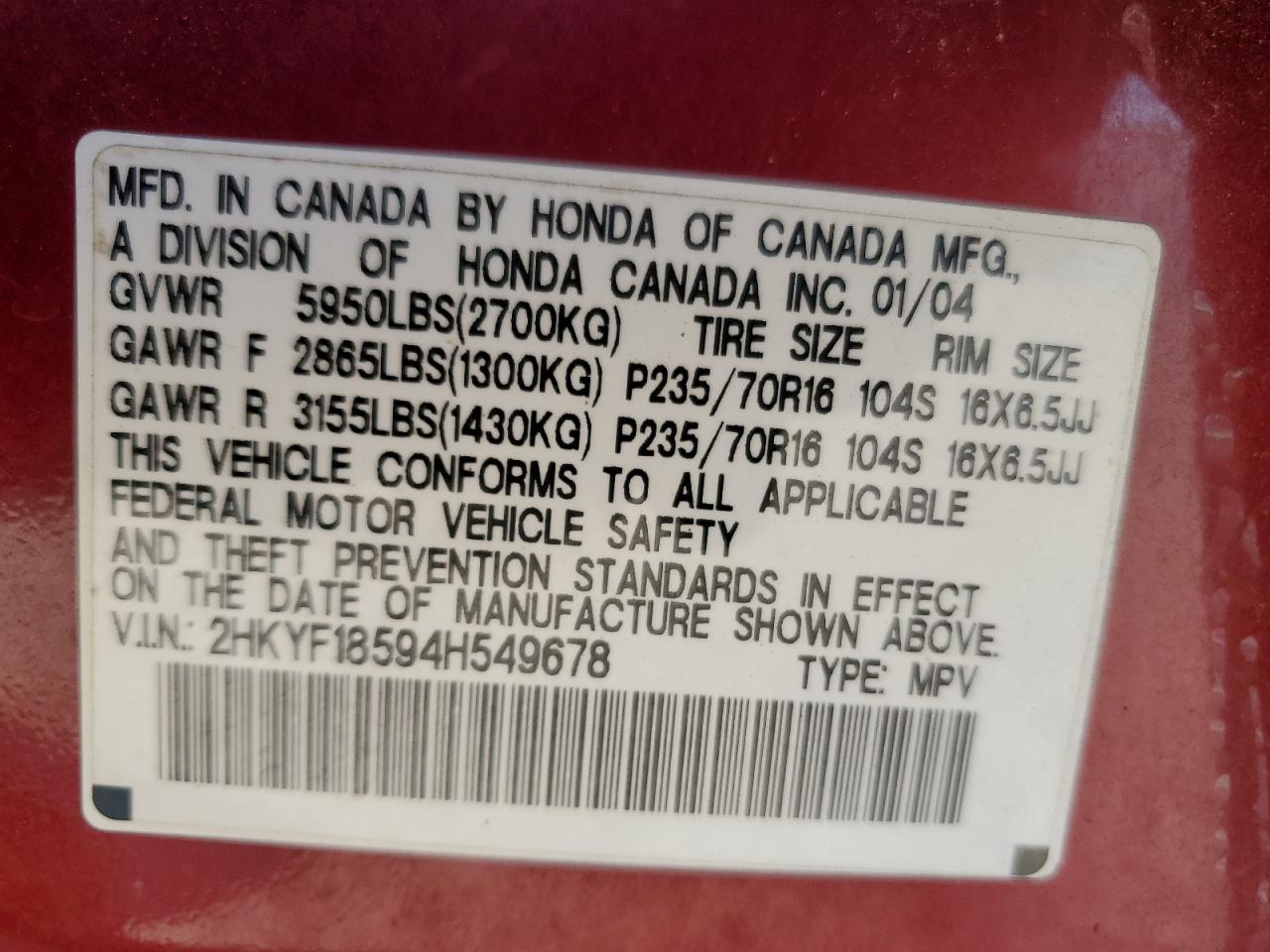 2004 Honda Pilot Exl VIN: 2HKYF18594H549678 Lot: 62077005