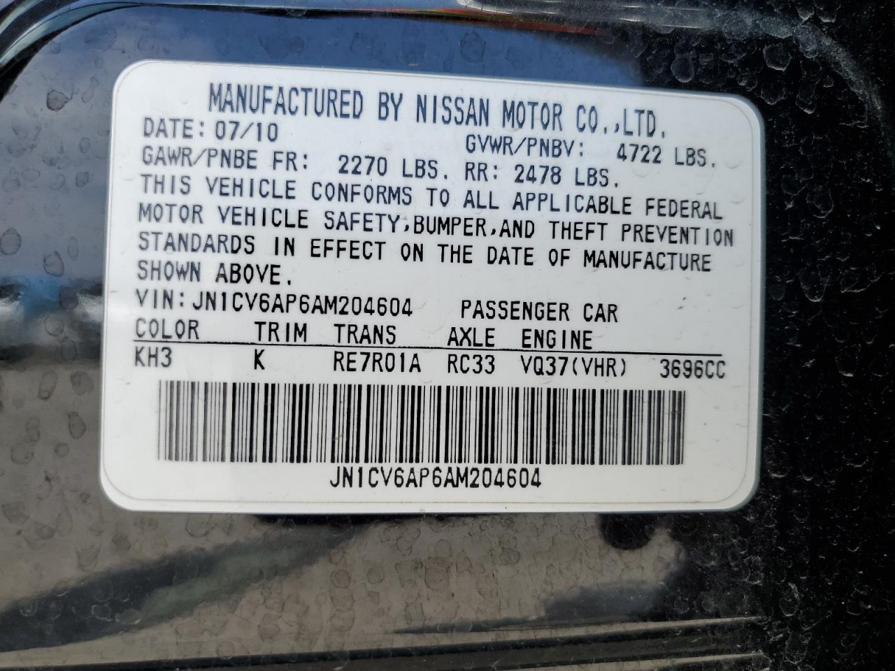 2010 Infiniti G37 Base VIN: JN1CV6AP6AM204604 Lot: 59405865