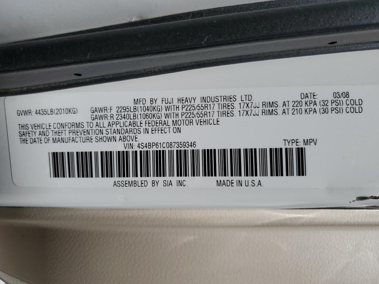 2008 Subaru Outback 2.5I VIN: 4S4BP61C087359346 Lot: 61063775