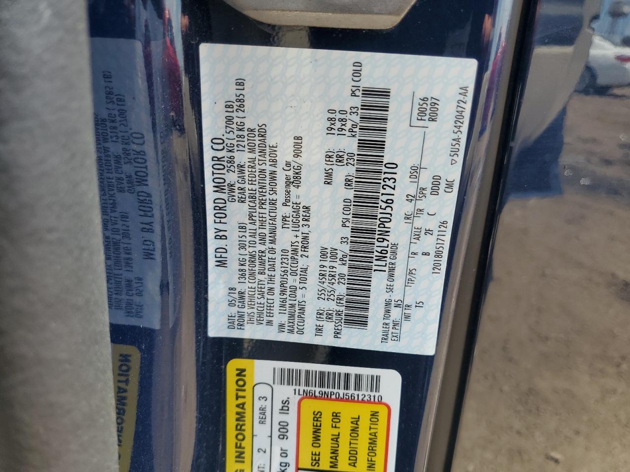 2018 Lincoln Continental Reserve VIN: 1LN6L9NP0J5612310 Lot: 62698195