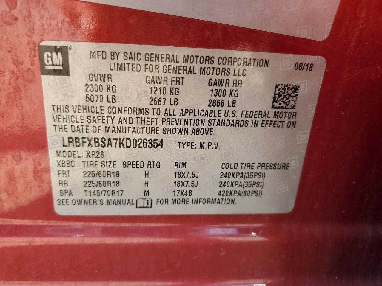 2019 Buick Envision Preferred VIN: LRBFXBSA7KD026354 Lot: 62749455
