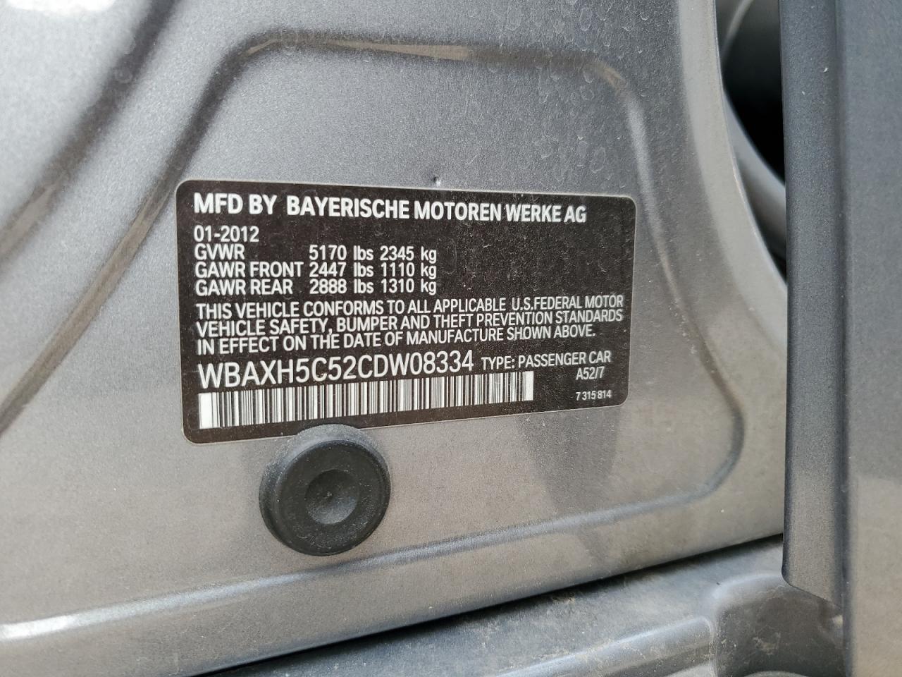 2012 BMW 528 Xi VIN: WBAXH5C52CDW08334 Lot: 59996335