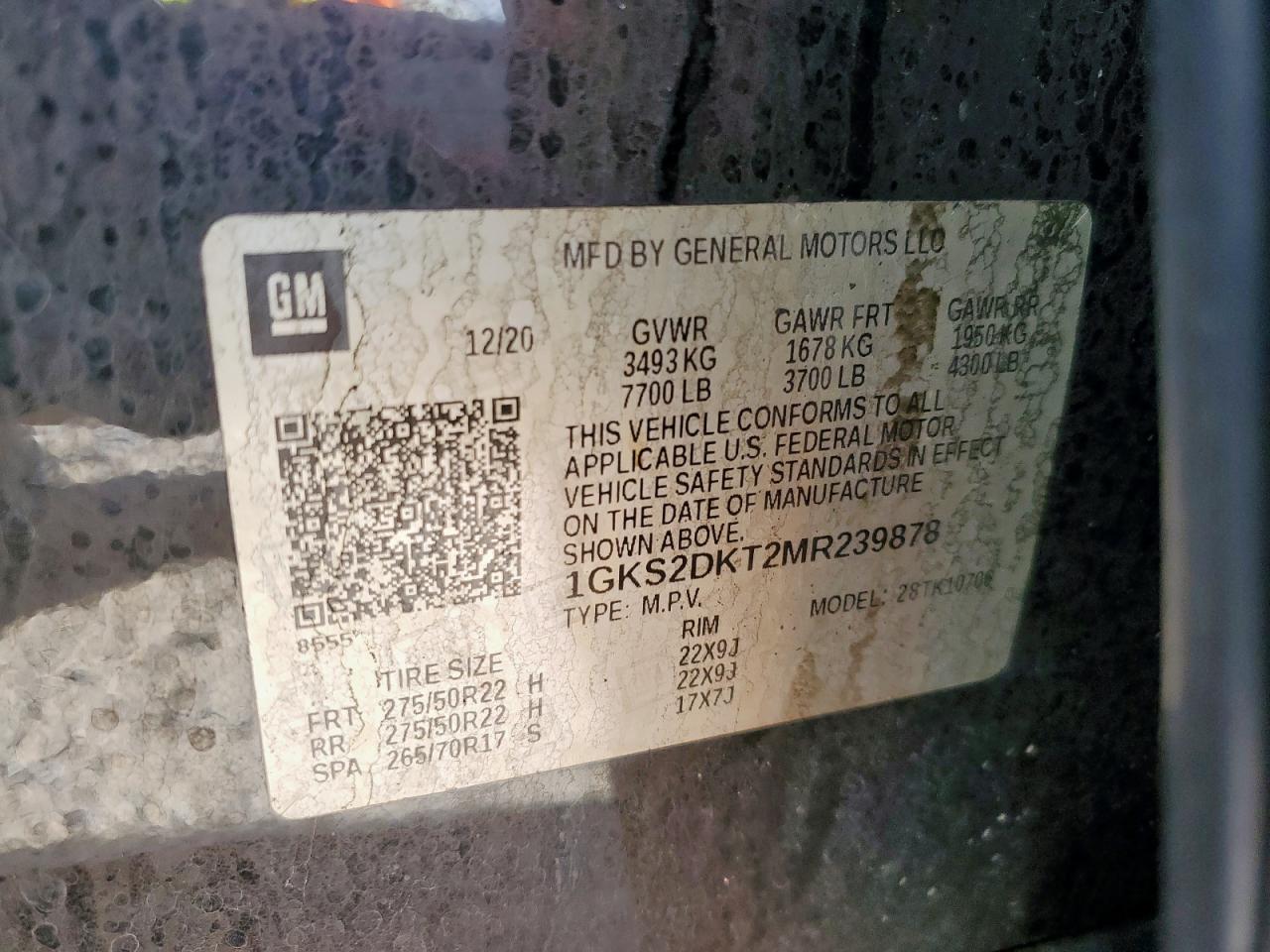 2021 GMC Yukon Denali VIN: 1GKS2DKT2MR239878 Lot: 59382565