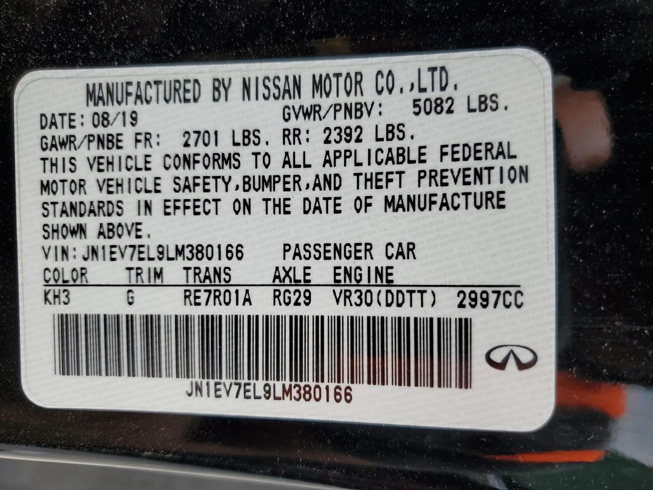 2020 Infiniti Q60 Pure VIN: JN1EV7EL9LM380166 Lot: 59304475