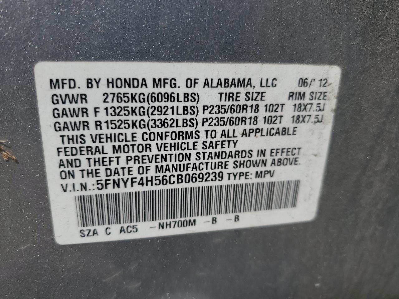 2012 Honda Pilot Exl VIN: 5FNYF4H56CB069239 Lot: 59256965