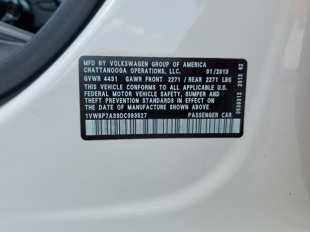 2013 Volkswagen Passat Se VIN: 1VWBP7A39DC093527 Lot: 62074565