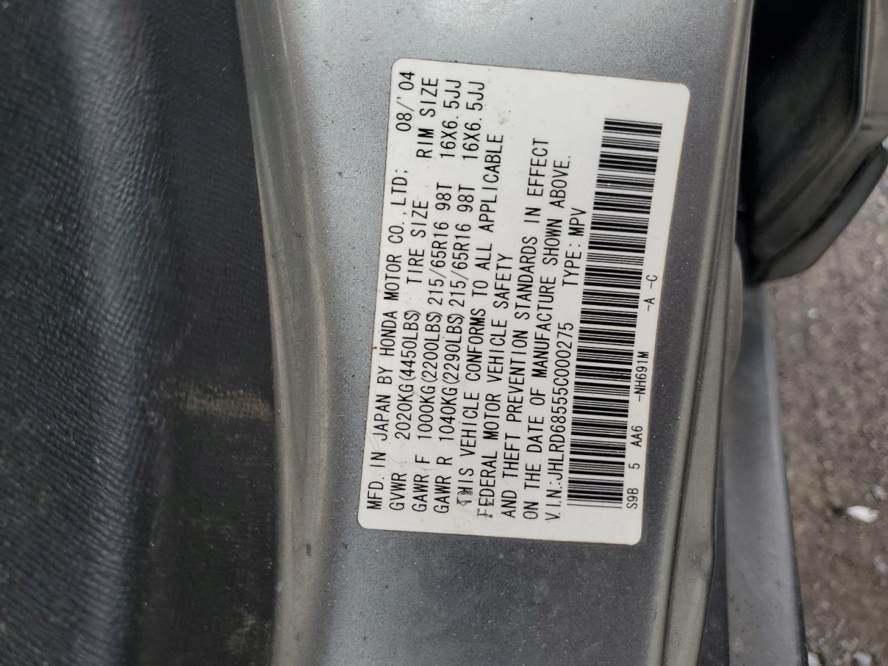 2005 Honda Cr-V Lx VIN: JHLRD68555C000275 Lot: 62668075