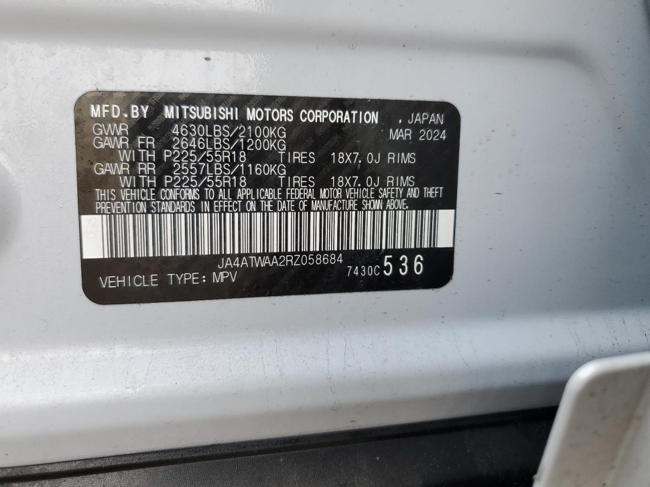 2024 Mitsubishi Eclipse Cross Se VIN: JA4ATWAA2RZ058684 Lot: 58310185