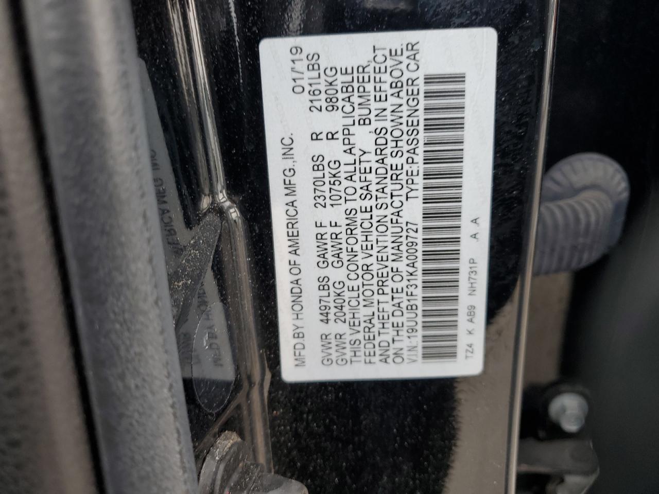 2019 Acura Tlx VIN: 19UUB1F31KA009727 Lot: 59752635