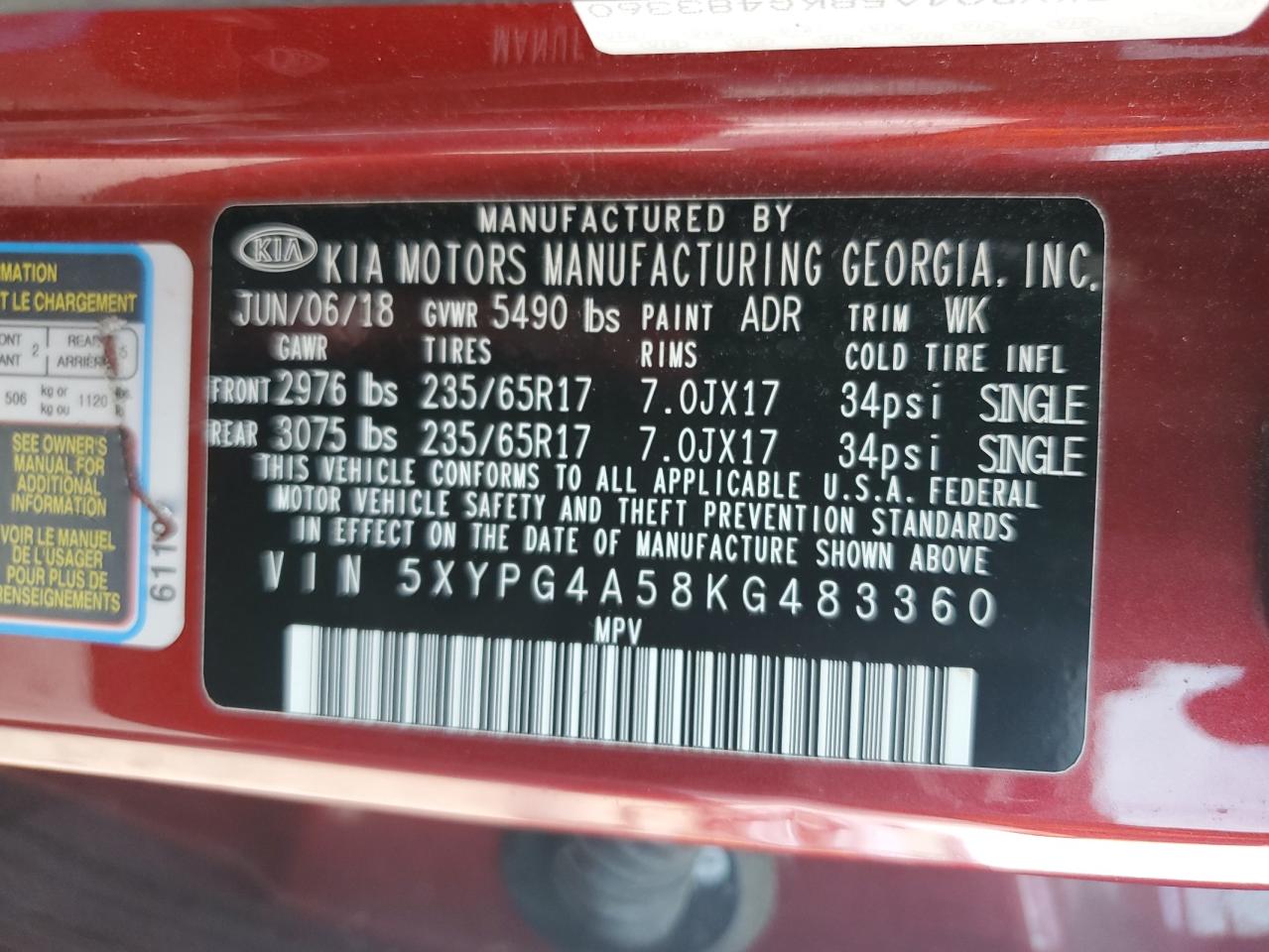 2019 Kia Sorento Lx VIN: 5XYPG4A58KG483360 Lot: 62010445