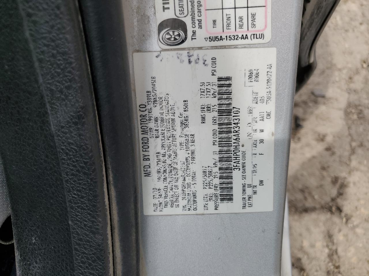 2010 Ford Fusion Se VIN: 3FAHP0HA6AR343107 Lot: 60163165