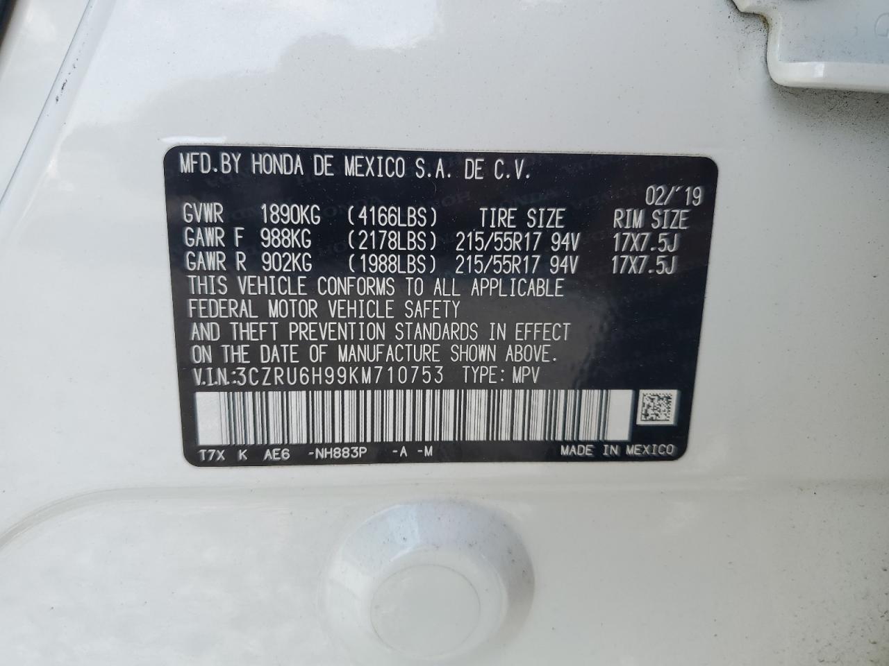2019 Honda Hr-V Touring VIN: 3CZRU6H99KM710753 Lot: 62288645